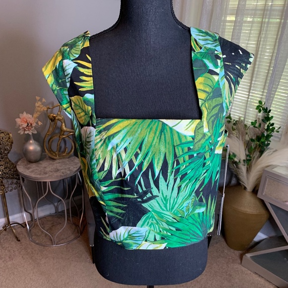 Black Leaf Print Midi Top With Green and Yellow Leaves - NWT - Picture 1 of 4